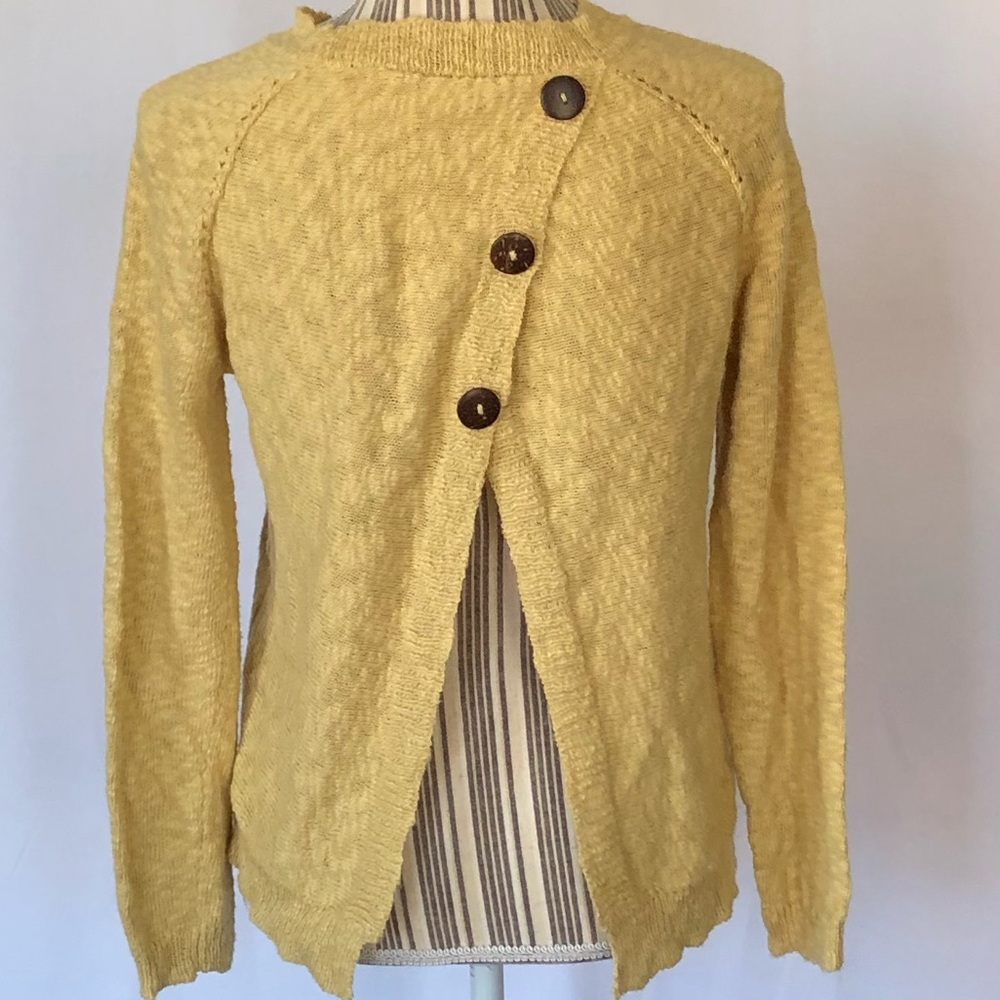 Haiku Yellow Knit Sweater Three Button Open Back - image 2